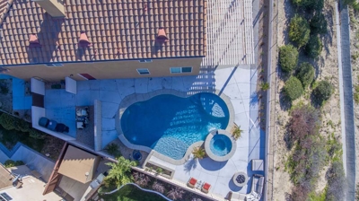 Freeform pool and spa combination from above Photo