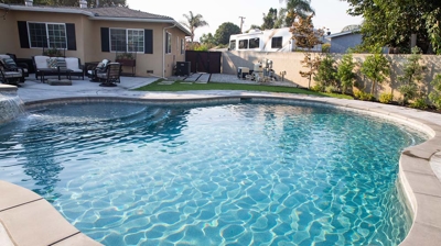 Recessed backyard swimming pool near a patio. Photo
