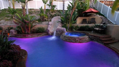 Purple lit pool with gorgeous green landscaping. Photo
