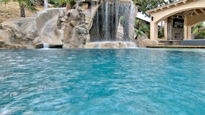 Backyard pool with slide and cave jacuzzi Photo