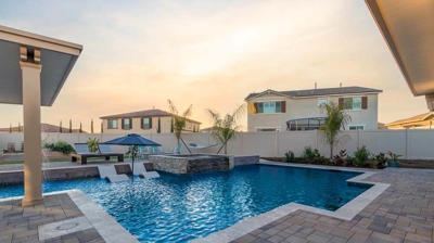 Outdoor blue pool during the morning light Photo