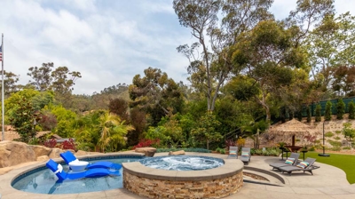 View over backyard with custom freeform pool and spa Photo