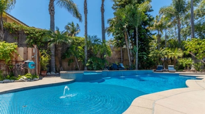 Custom backyard swimming pool and patio Photo