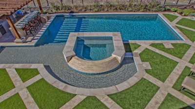Curved jacuzzi and pool design with green grass landscaping Photo