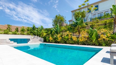 Rectangle pool design with jacuzzi in outdoor oasis Photo