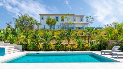 Rectangular pool with green grass on a sunny day Photo