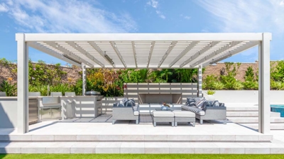 Patio section of outdoor backyard oasis Photo