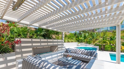 Patio section of outdoor backyard oasis Photo