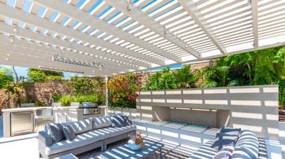Patio section of outdoor backyard oasis Photo