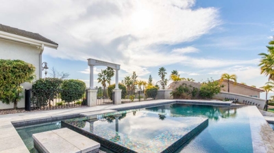 Infinity edge pool with stepping stone and spa Photo