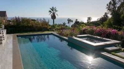 Rectangular pool and hot tub nestled in a lush suburban backyard Photo