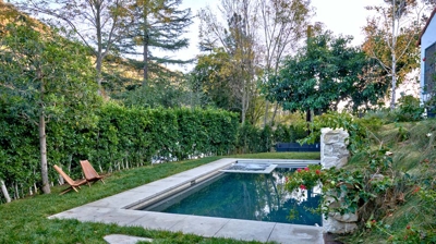 Greenery and pavers surrounding a backyard pool Photo