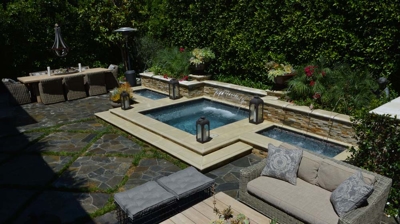 Backyard jacuzzi with outdoor patio furniture Photo
