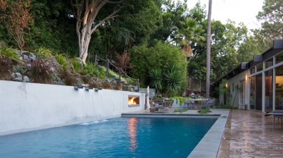 Rectangular pool surrounded by lush greenery in a suburban backyard Photo