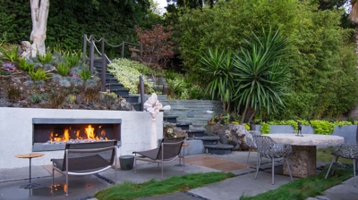 Scenic backyard retreat: rectangular pool surrounded by lush greenery in a suburban landscape Photo