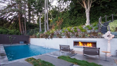 Idyllic suburban scene: rectangular pool set against a backdrop of lush vegetation Photo