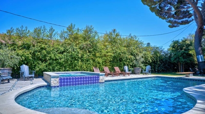 Built in pool and jacuzzi surrounded by grass and lounge area Photo