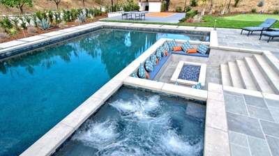Custom spa, pool, and sunken firepit area Photo