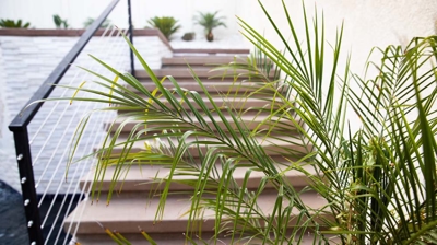 Stairway leading up to a spa area above a pool. Photo