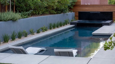 Pool with sun ledge and landscaping Photo