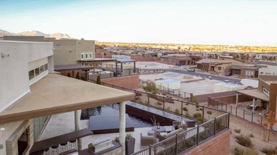 View of modern patio and pool area Photo