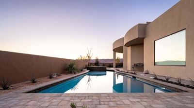 View of patio and custom swimming pool Photo